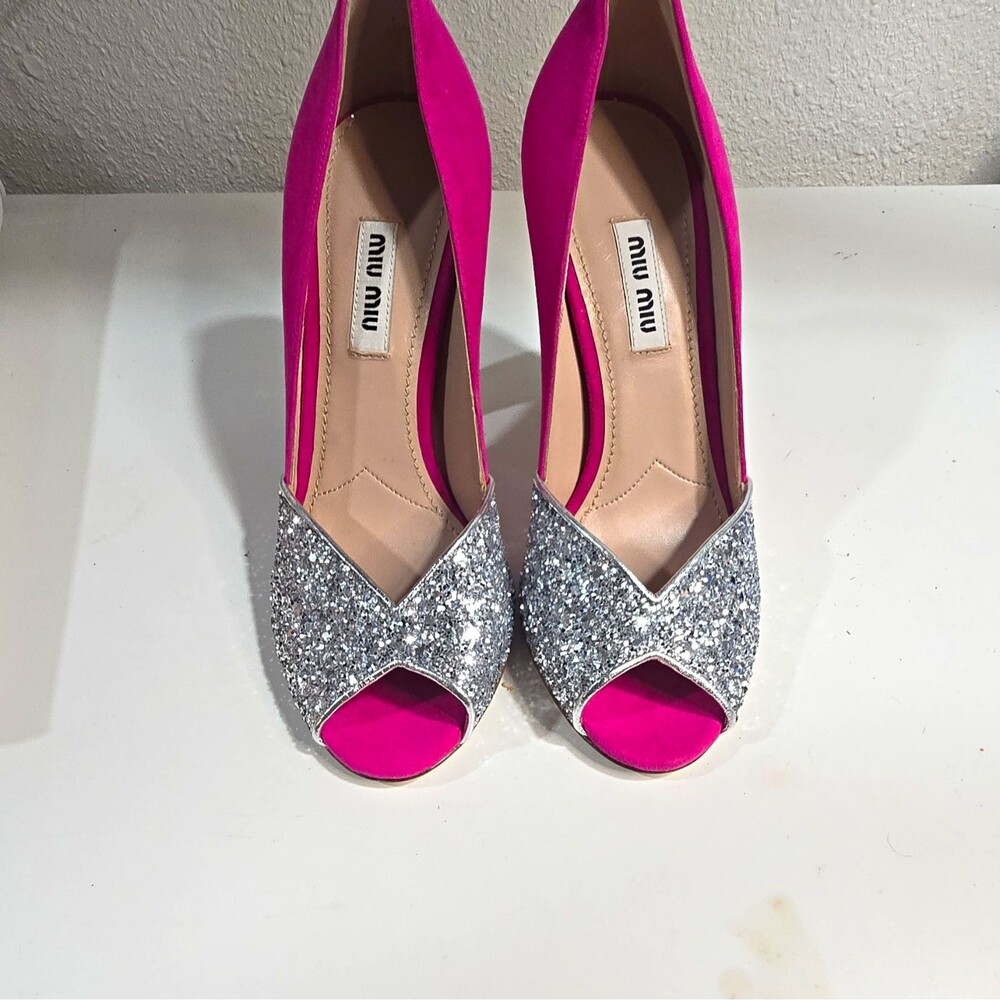 Miu Miu Pink Suede Silver Glitter Peep Toe Block Heel Slip On Pumps 36.5
